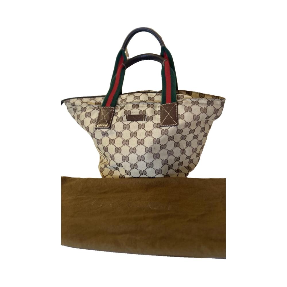 Vintage Gucci Tote Bag Womens Small Brown Canvas GG Monogram Web Stripe Italy